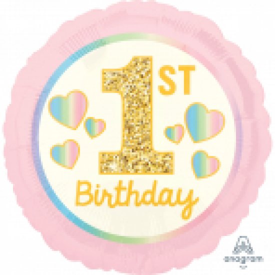 1st Birthday Girl Pink & Gold Standard Foil Balloons S40 - 5 PC