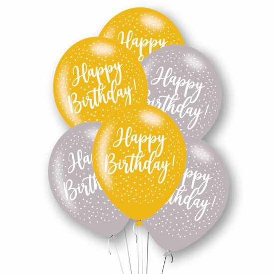 Happy Birthday Gold & Silver Mix Latex Balloons 11"/27.5cm - 10 PKG/6