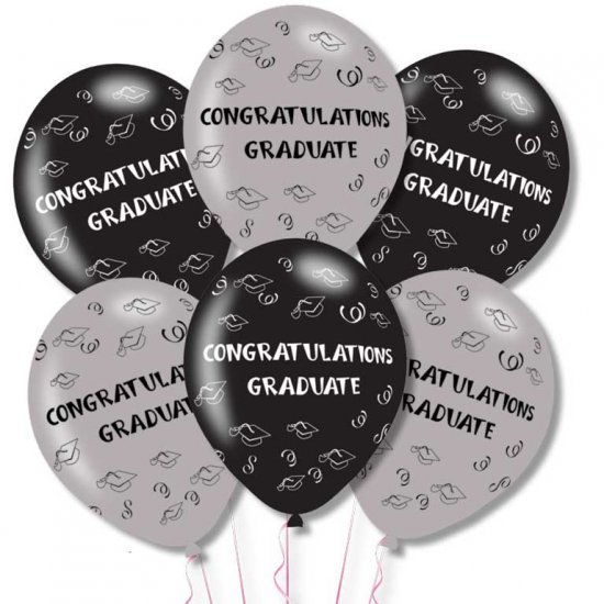 Congrats Graduate Grey/Black Latex Balloons 11"/27.5cm - 10PKG/6